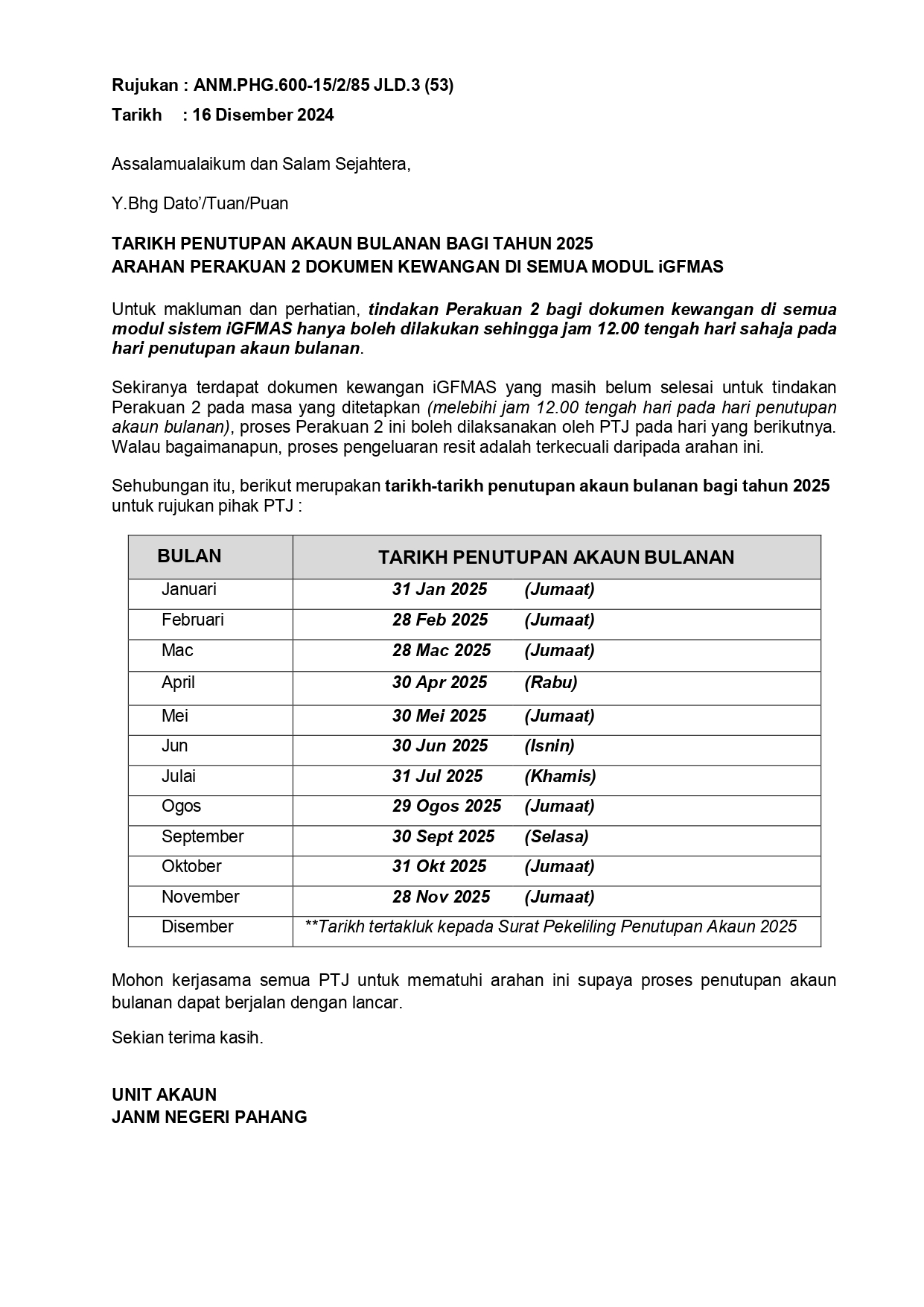 01 MAKLUMAN TARIKH TUTUP AKAUN BULANAN TAHUN 2025 page 0001