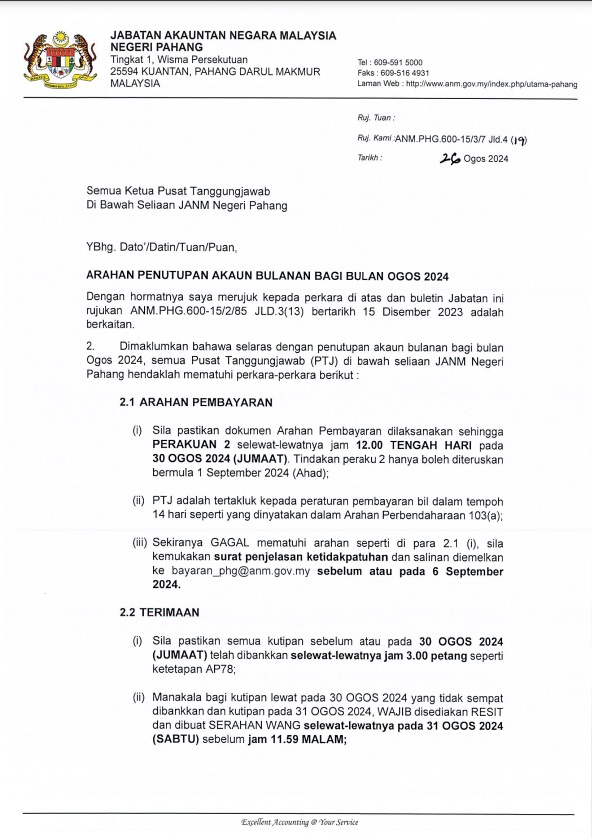 ARAHAN PENUTUPAN AKAUN BULANAN BAGI BULAN OGOS 2024